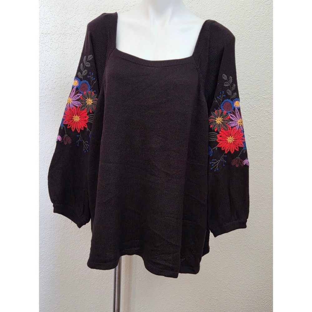 Pioneer Woman Black Floral Embroidered Square‎ Neck Sweater 2X TPW23S44003S
